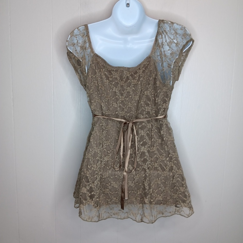 IZ Byer California Y2K Babydoll Top L Taupe Lace Overlay Forest Fairy Grunge - Picture 6 of 10